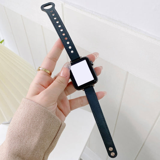 Double Studs Buckle Genuine Leather Watch Band Watch Band For Apple Watch Series 9&8&7 41mm / SE 3&SE 2&6&SE&5&4 40mm / 3&2&1 38mm(Dark Blue) by bashfashion