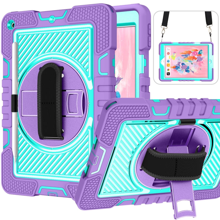 For iPad 10.2 2021 / 2020 / 2019 360 Degree Rotation Contrast Color Shockproof Silicone + PC Case with Holder & Hand Grip Strap & Shoulder Strap (Purple + Mint Green) by bashfashion