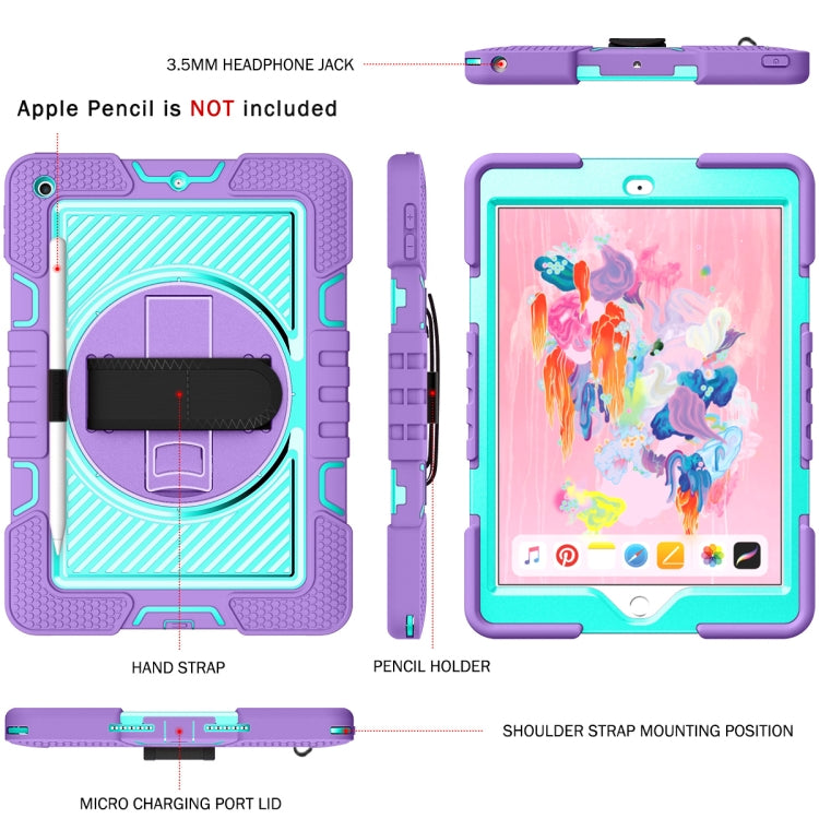 For iPad 10.2 2021 / 2020 / 2019 360 Degree Rotation Contrast Color Shockproof Silicone + PC Case with Holder & Hand Grip Strap & Shoulder Strap (Purple + Mint Green) by bashfashion