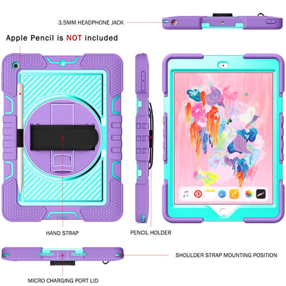 For iPad 10.2 2021 / 2020 / 2019 360 Degree Rotation Contrast Color Shockproof Silicone + PC Case with Holder & Hand Grip Strap & Shoulder Strap (Purple + Mint Green) by bashfashion