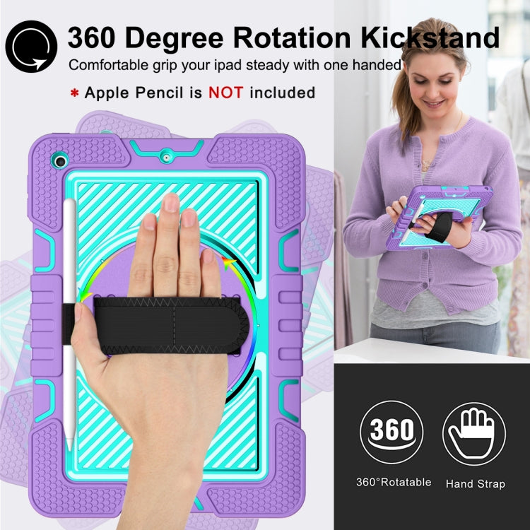 For iPad 10.2 2021 / 2020 / 2019 360 Degree Rotation Contrast Color Shockproof Silicone + PC Case with Holder & Hand Grip Strap & Shoulder Strap (Purple + Mint Green) by bashfashion