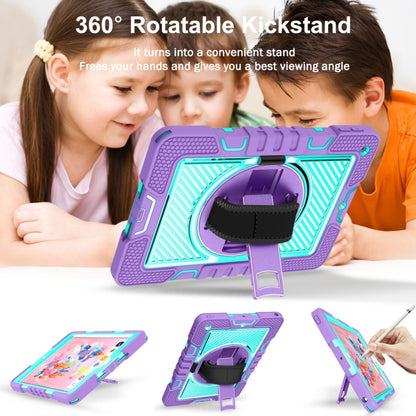 For iPad 10.2 2021 / 2020 / 2019 360 Degree Rotation Contrast Color Shockproof Silicone + PC Case with Holder & Hand Grip Strap & Shoulder Strap (Purple + Mint Green) by bashfashion