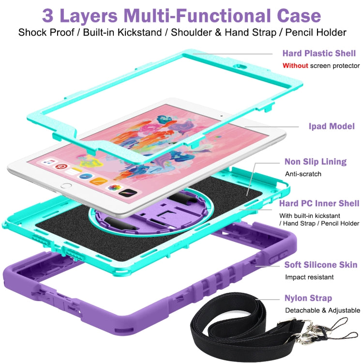 For iPad 10.2 2021 / 2020 / 2019 360 Degree Rotation Contrast Color Shockproof Silicone + PC Case with Holder & Hand Grip Strap & Shoulder Strap (Purple + Mint Green) by bashfashion
