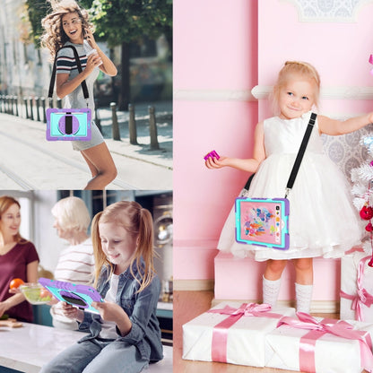 For iPad 10.2 2021 / 2020 / 2019 360 Degree Rotation Contrast Color Shockproof Silicone + PC Case with Holder & Hand Grip Strap & Shoulder Strap (Purple + Mint Green) by bashfashion