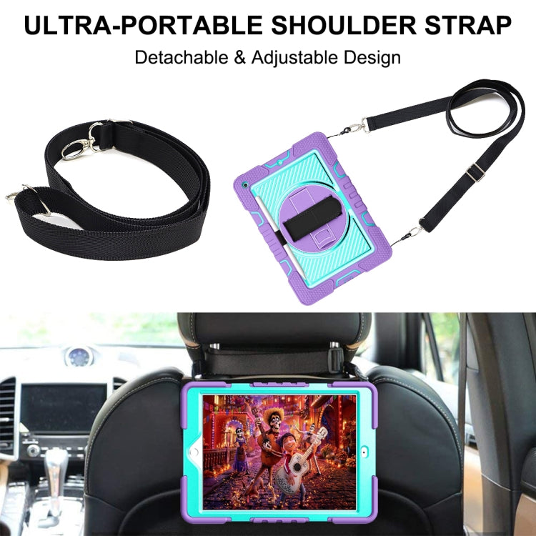 For iPad 10.2 2021 / 2020 / 2019 360 Degree Rotation Contrast Color Shockproof Silicone + PC Case with Holder & Hand Grip Strap & Shoulder Strap (Purple + Mint Green) by bashfashion