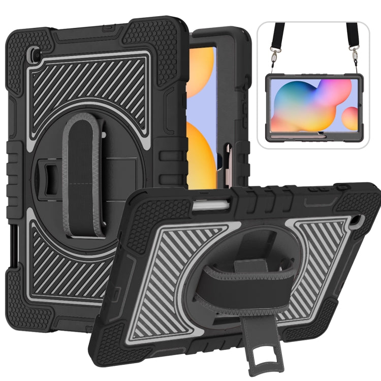 For Samsung Galaxy Tab S6 Lite P610/P615 360 Degree Rotation Contrast Color Shockproof Silicone + PC Case with Holder & Hand Grip Strap & Shoulder Strap(Black) by bashfashion