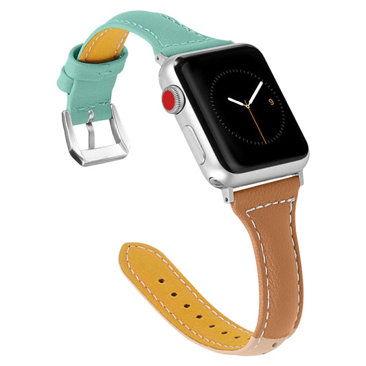 Three-color T-shape Leather Watch Band For Apple Watch Series 9&8&7 41mm / SE 3&SE 2&6&SE&5&4 40mm / 3&2&1 38mm (Apricot Brown + Mint Green) by bashfashion