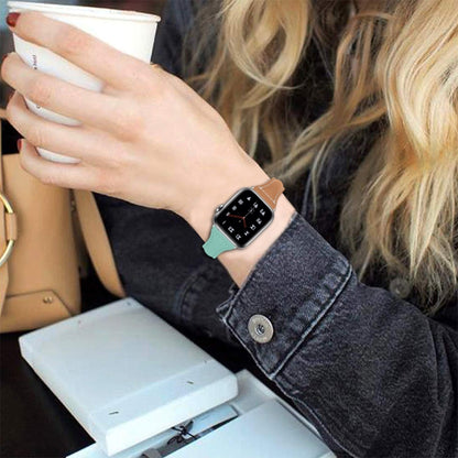 Three-color T-shape Leather Watch Band For Apple Watch Series 9&8&7 41mm / SE 3&SE 2&6&SE&5&4 40mm / 3&2&1 38mm (Apricot Brown + Mint Green) by bashfashion