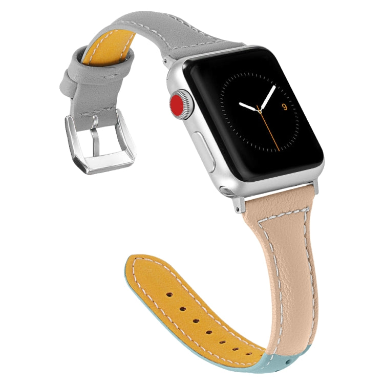 Three-color T-shape Leather Watch Band For Apple Watch Series 9&8&7 41mm / SE 3&SE 2&6&SE&5&4 40mm / 3&2&1 38mm (Blue Apricot + Grey) by bashfashion