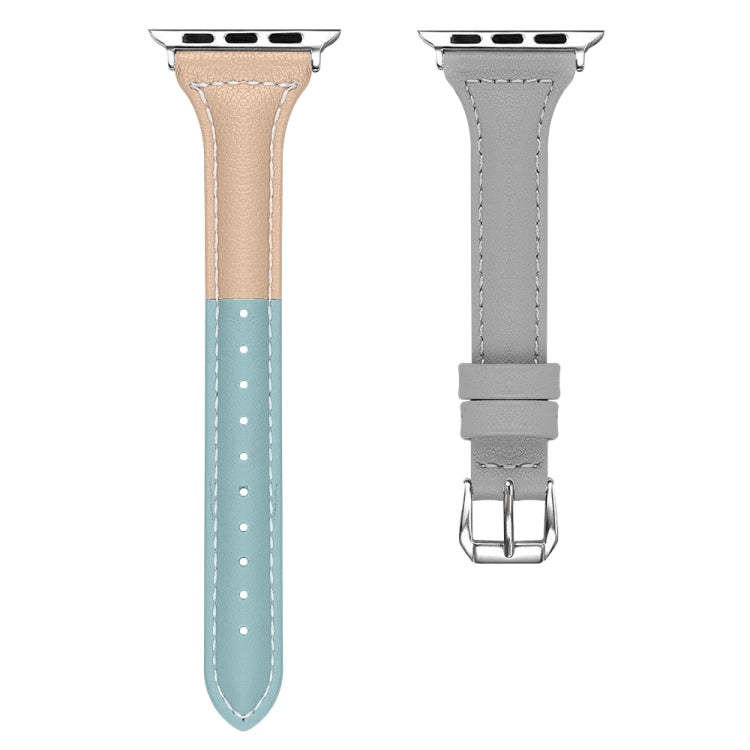 Three-color T-shape Leather Watch Band For Apple Watch Series 9&8&7 41mm / SE 3&SE 2&6&SE&5&4 40mm / 3&2&1 38mm (Blue Apricot + Grey) by bashfashion
