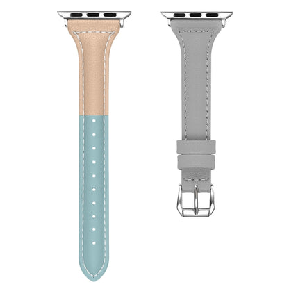 Three-color T-shape Leather Watch Band For Apple Watch Series 9&8&7 41mm / SE 3&SE 2&6&SE&5&4 40mm / 3&2&1 38mm (Blue Apricot + Grey) by bashfashion