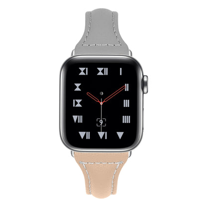 Three-color T-shape Leather Watch Band For Apple Watch Series 9&8&7 41mm / SE 3&SE 2&6&SE&5&4 40mm / 3&2&1 38mm (Blue Apricot + Grey) by bashfashion