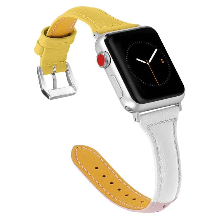 Three-color T-shape Leather Watch Band For Apple Watch Series 9&8&7 41mm / SE 3&SE 2&6&SE&5&4 40mm / 3&2&1 38mm (White Pink+Yellow) by bashfashion