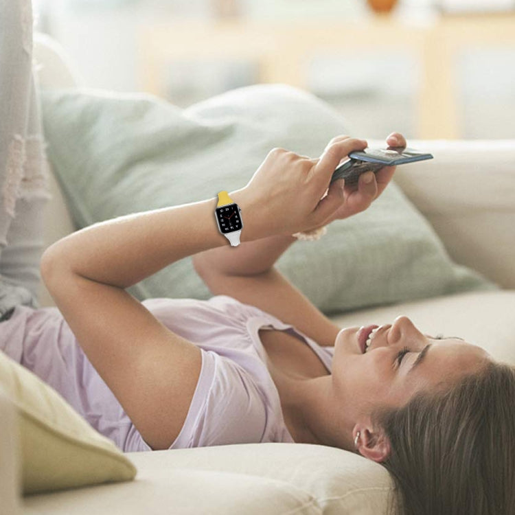 Three-color T-shape Leather Watch Band For Apple Watch Series 9&8&7 41mm / SE 3&SE 2&6&SE&5&4 40mm / 3&2&1 38mm (White Pink+Yellow) by bashfashion