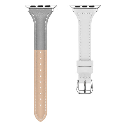 Three-color T-shape Leather Watch Band For Apple Watch Series 9&8&7 41mm / SE 3&SE 2&6&SE&5&4 40mm / 3&2&1 38mm (Apricot Grey + White) by bashfashion