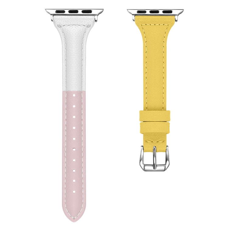 Three-color T-shape Leather Watch Band For Apple Watch Ultra 49mm&Watch Ultra 2 49mm / Series 9&8&7 45mm / SE 3&SE 2&6&SE&5&4 44mm / 3&2&1 42mm (White Pink+Yellow) by bashfashion