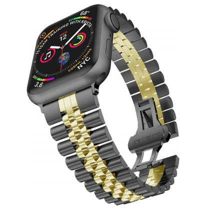 Man Five Beads Stainless Steel Watch Band, Width: 22mm For Apple Watch Ultra 49mm&Watch Ultra 2 49mm / Series 9&8&7 45mm / SE 3&SE 2&6&SE&5&4 44mm / 3&2&1 42mm(Black + Gold) by bashfashion