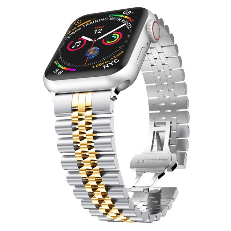 Man Five Beads Stainless Steel Watch Band, Width: 22mm For Apple Watch Series 9&8&7 41mm / SE 3&SE 2&6&SE&5&4 40mm / 3&2&1 38mm(Silver + Gold) by bashfashion