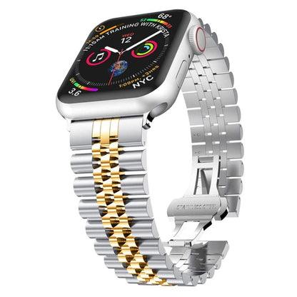 Man Five Beads Stainless Steel Watch Band, Width: 22mm For Apple Watch Series 9&8&7 41mm / SE 3&SE 2&6&SE&5&4 40mm / 3&2&1 38mm(Silver + Gold) by bashfashion