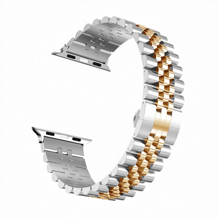 Man Five Beads Stainless Steel Watch Band, Width: 22mm For Apple Watch Series 9&8&7 41mm / SE 3&SE 2&6&SE&5&4 40mm / 3&2&1 38mm(Silver + Gold) by bashfashion