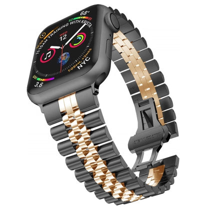 Man Five Beads Stainless Steel Watch Band, Width: 22mm For Apple Watch Series 9&8&7 41mm / SE 3&SE 2&6&SE&5&4 40mm / 3&2&1 38mm(Black + Rose Gold) by bashfashion