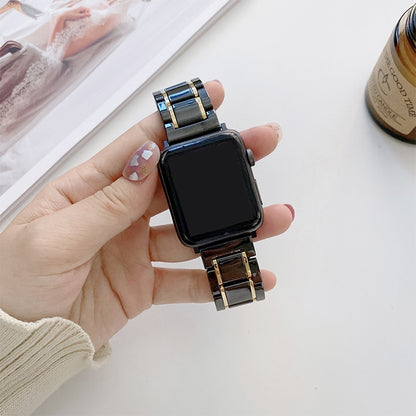 Five Beads Ceramic Steel Watch Band For Apple Watch Ultra 49mm&Watch Ultra 2 49mm / Series 9&8&7 45mm / SE 3&SE 2&6&SE&5&4 44mm / 3&2&1 42mm(Black + Gold) by bashfashion