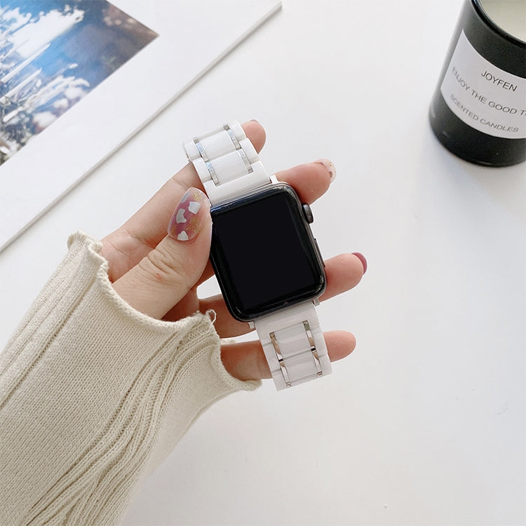 Five Beads Ceramic Steel Watch Band For Apple Watch Series 9&8&7 41mm / SE 3&SE 2&6&SE&5&4 40mm / 3&2&1 38mm(White + Silver) by bashfashion