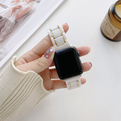 Five Beads Ceramic Steel Watch Band For Apple Watch Series 9&8&7 41mm / SE 3&SE 2&6&SE&5&4 40mm / 3&2&1 38mm(White + Gold) by bashfashion