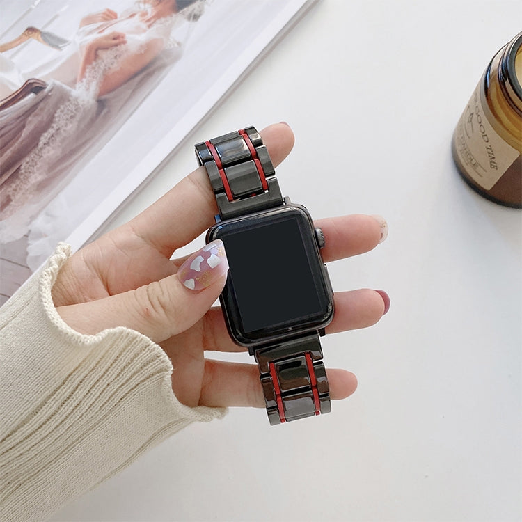 Five Beads Ceramic Steel Watch Band For Apple Watch Series 9&8&7 41mm / SE 3&SE 2&6&SE&5&4 40mm / 3&2&1 38mm(Black + Red) by bashfashion