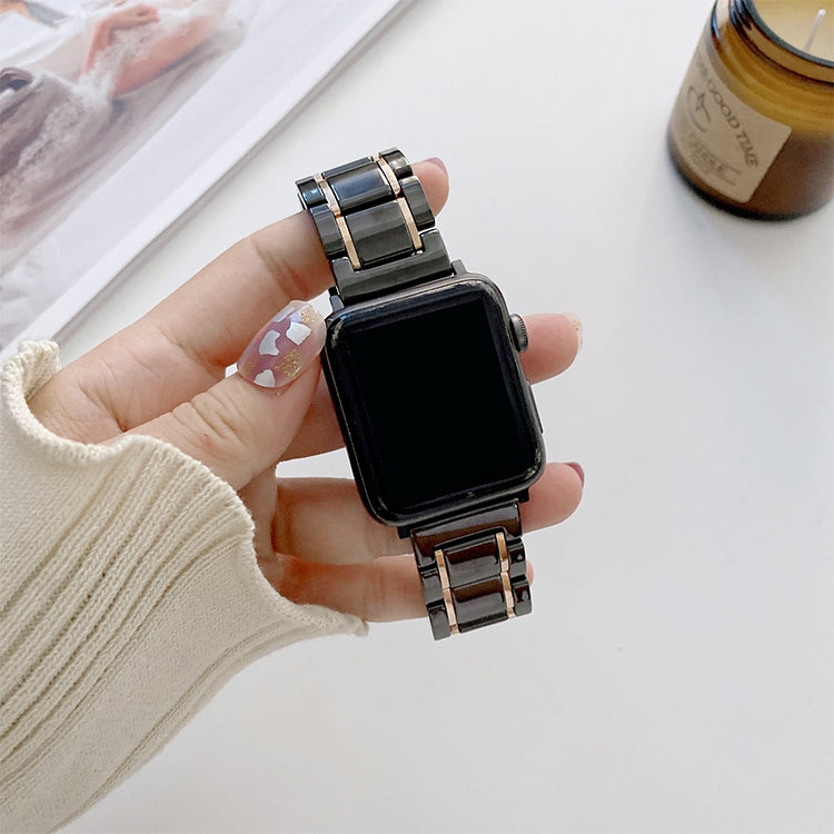 Five Beads Ceramic Steel Watch Band For Apple Watch Series 9&8&7 41mm / SE 3&SE 2&6&SE&5&4 40mm / 3&2&1 38mm(Black + Rose Gold) by bashfashion
