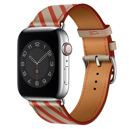 Strip Texture Leather Watch Band For Apple Watch Ultra 49mm&Watch Ultra 2 49mm / Series 9&8&7 45mm / SE 3&SE 2&6&SE&5&4 44mm / 3&2&1 42mm(Apricot Red) by bashfashion