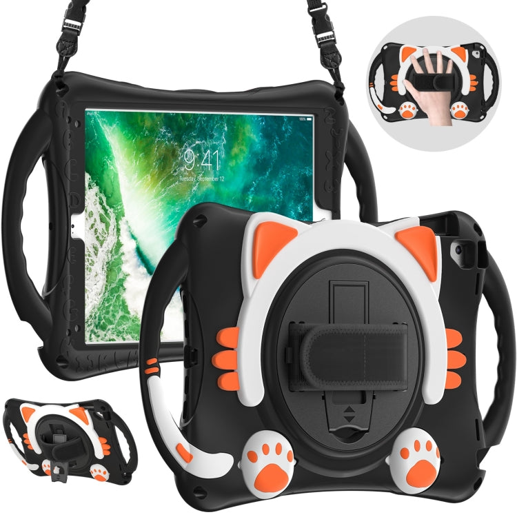 Cute Cat King Kids Shockproof Silicone Tablet Case with Holder & Shoulder Strap & Handle For iPad 9.7 2018 / 2017 / Air / Air 2 / Pro 9.7(Black Orange) by bashfashion