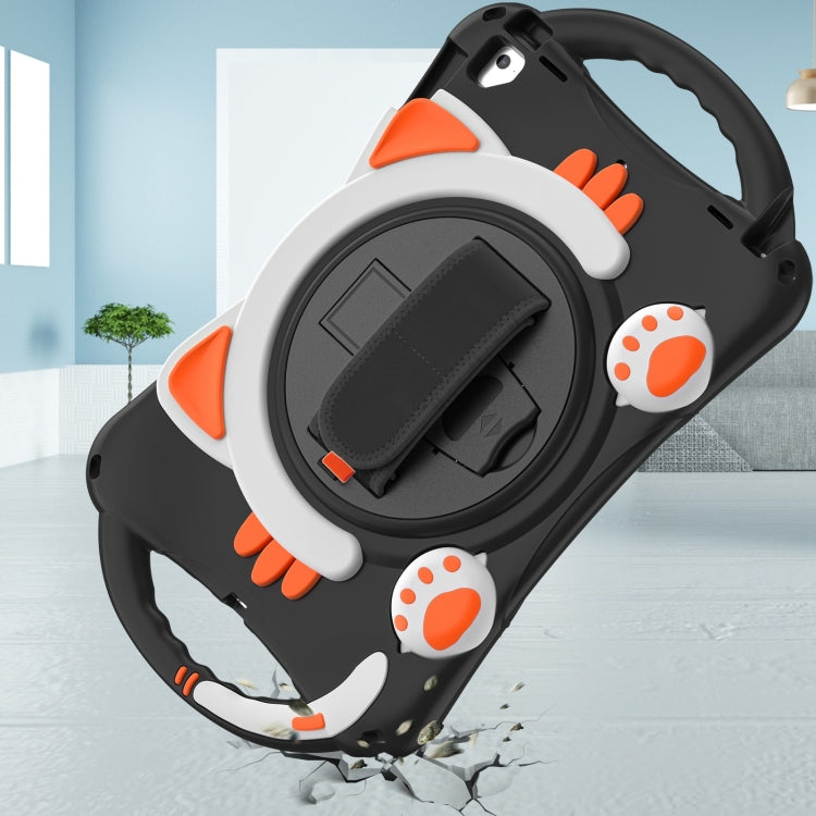 Cute Cat King Kids Shockproof Silicone Tablet Case with Holder & Shoulder Strap & Handle For iPad 9.7 2018 / 2017 / Air / Air 2 / Pro 9.7(Black Orange) by bashfashion
