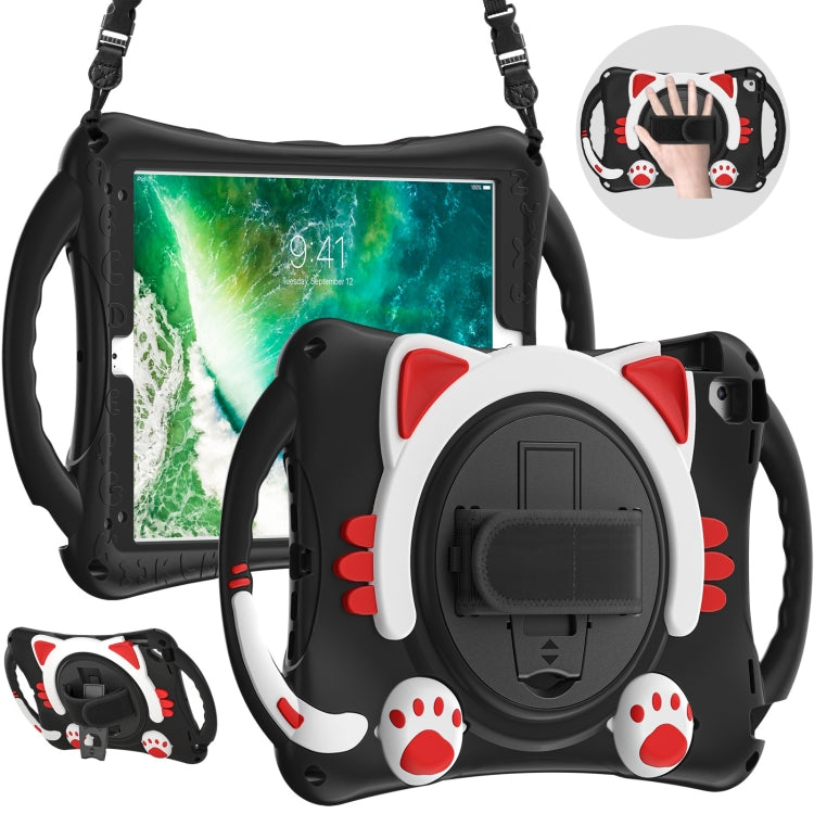 Cute Cat King Kids Shockproof Silicone Tablet Case with Holder & Shoulder Strap & Handle For iPad 9.7 2018 / 2017 / Air / Air 2 / Pro 9.7(Black Red) by bashfashion