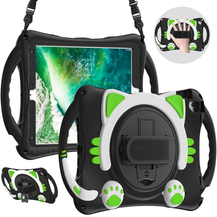 Cute Cat King Kids Shockproof Silicone Tablet Case with Holder & Shoulder Strap & Handle For iPad 9.7 2018 / 2017 / Air / Air 2 / Pro 9.7(Black Green) by bashfashion