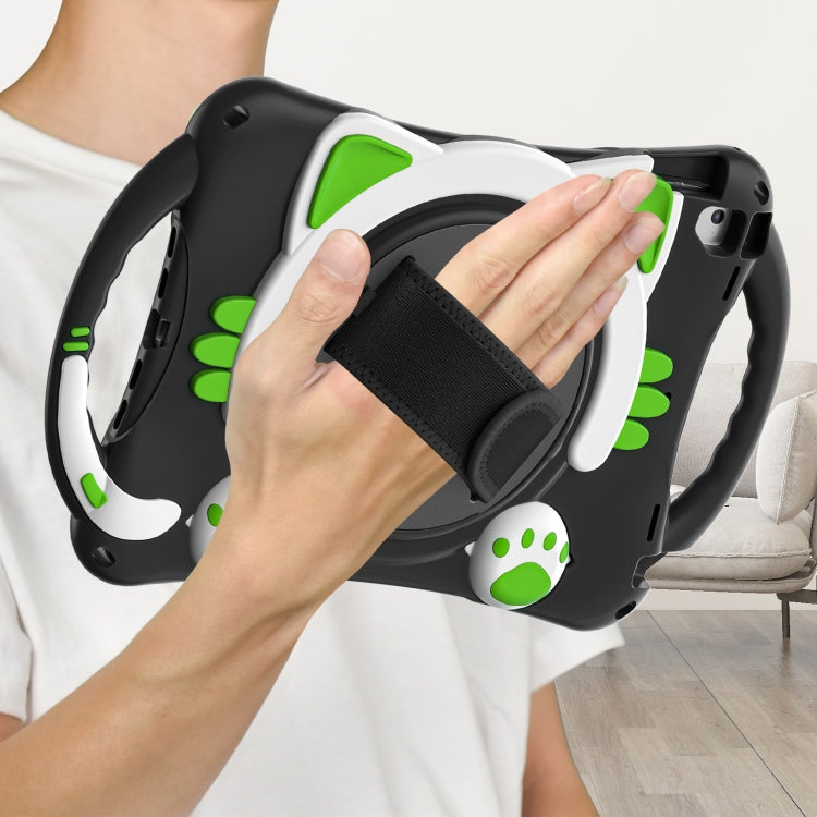 Cute Cat King Kids Shockproof Silicone Tablet Case with Holder & Shoulder Strap & Handle For iPad 9.7 2018 / 2017 / Air / Air 2 / Pro 9.7(Black Green) by bashfashion
