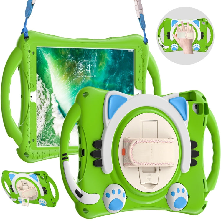 Cute Cat King Kids Shockproof Silicone Tablet Case with Holder & Shoulder Strap & Handle For iPad 9.7 2018 / 2017 / Air / Air 2 / Pro 9.7(Green) by bashfashion
