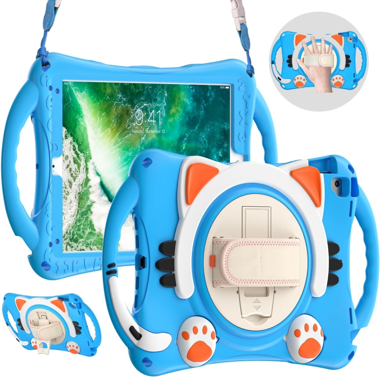 Cute Cat King Kids Shockproof Silicone Tablet Case with Holder & Shoulder Strap & Handle For iPad 9.7 2018 / 2017 / Air / Air 2 / Pro 9.7(Light Blue) by bashfashion