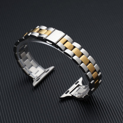 Three-beads Steel Watch Band For Apple Watch Ultra 49mm&Watch Ultra 2 49mm / Series 9&8&7 45mm / SE 3&SE 2&6&SE&5&4 44mm / 3&2&1 42mm (Gold + Silver) by bashfashion