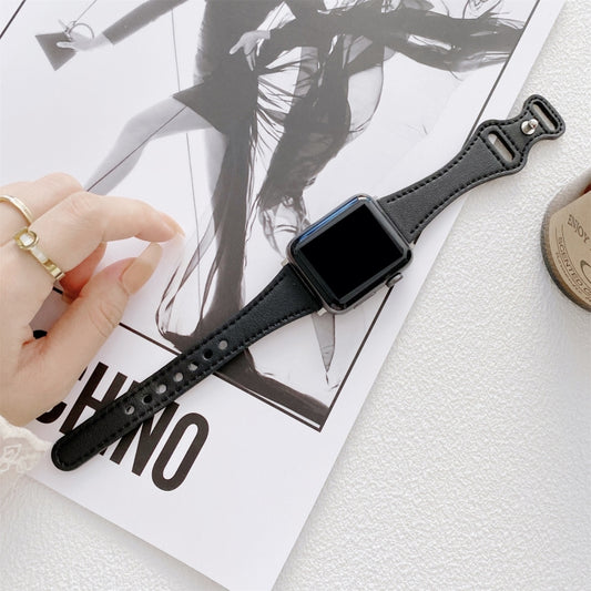 Small Waist 8-shape Reverse Buckle Leather Watch Band For Apple Watch Ultra 49mm&Watch Ultra 2 49mm / Series 9&8&7 45mm / SE 3&SE 2&6&SE&5&4 44mm / 3&2&1 42mm(Black) by bashfashion