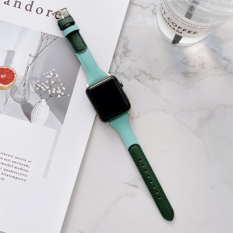 Small Waist Color Matching Leather Watch Band For Apple Watch Series 9&8&7 41mm / SE 3&SE 2&6&SE&5&4 40mm / 3&2&1 38mm(Dark Green+Mint Green) by bashfashion