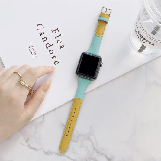 Small Waist Color Matching Leather Watch Band For Apple Watch Series 9&8&7 41mm / SE 3&SE 2&6&SE&5&4 40mm / 3&2&1 38mm(Yellow+Mint Green) by bashfashion