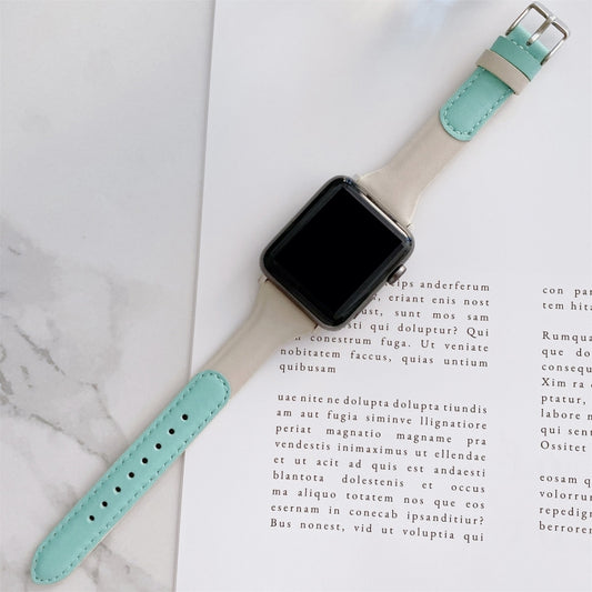 Small Waist Color Matching Leather Watch Band For Apple Watch Series 9&8&7 41mm / SE 3&SE 2&6&SE&5&4 40mm / 3&2&1 38mm(Mint Green+White) by bashfashion
