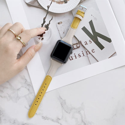 Small Waist Color Matching Leather Watch Band For Apple Watch Series 9&8&7 41mm / SE 3&SE 2&6&SE&5&4 40mm / 3&2&1 38mm(Yellow+White) by bashfashion