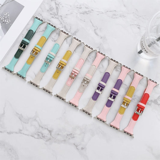 Small Waist Color Matching Leather Watch Band For Apple Watch Series 9&8&7 41mm / SE 3&SE 2&6&SE&5&4 40mm / 3&2&1 38mm(Yellow+Pink) by bashfashion
