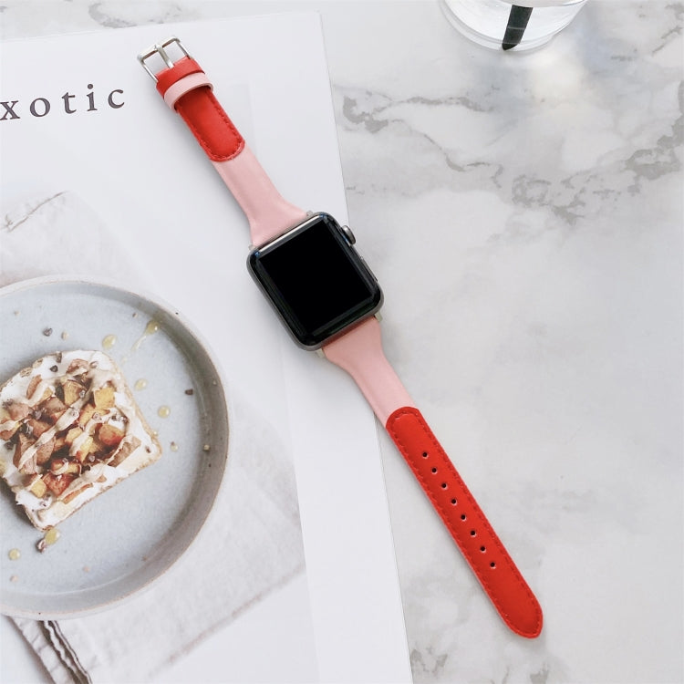 Small Waist Color Matching Leather Watch Band For Apple Watch Ultra 49mm&Watch Ultra 2 49mm / Series 9&8&7 45mm / SE 3&SE 2&6&SE&5&4 44mm / 3&2&1 42mm(Red+Pink) by bashfashion
