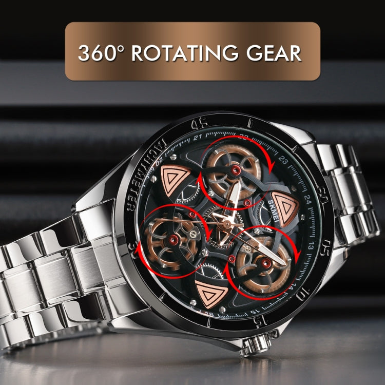 SKMEI 1678 Men Waterproof Quartz Watch with Rotatable Gear Dial(Silver Shell Black Surface) by SKMEI