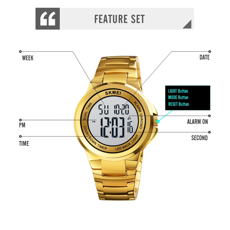 SKMEI 1712 Dual Time LED Digital Display Luminous Stainless Steel Strap Electronic Watch(Gold and White) by SKMEI