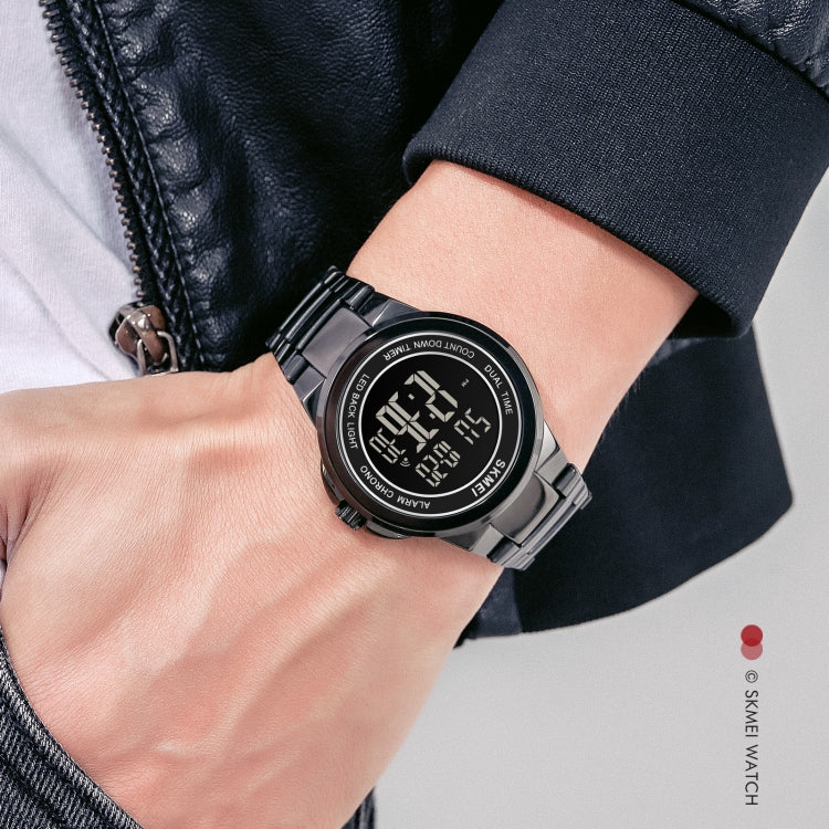 SKMEI 1712 Dual Time LED Digital Display Luminous Stainless Steel Strap Electronic Watch(Black) by SKMEI