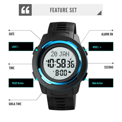 SKMEI 1729 Qibla Calendar Timing Multifunctional LED Digital Display Luminous Electronic Watch(Blue and White) by SKMEI
